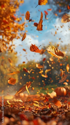 Colorful Autumn Leaves Dancing in Blustery Wind with Pumpkin Patch Backdrop