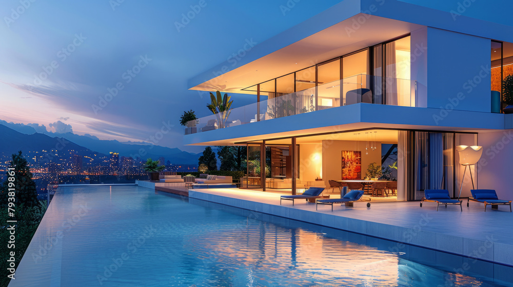 A luxurious modern house with sleek design, large windows, and an inviting infinity pool. A luxurious modern house with sleek design, large windows, and an inviting infinity pool.