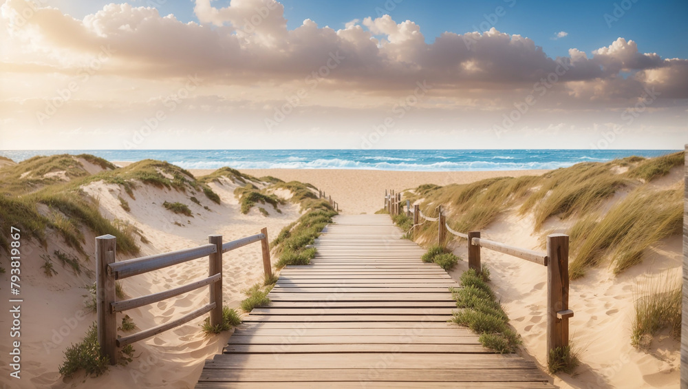  wooden walkway over sand dunes leading to a beach with the ocean