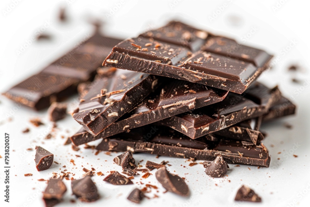Pieces of broken chocolate on a white surface Pieces of broken chocolate on a white surface
