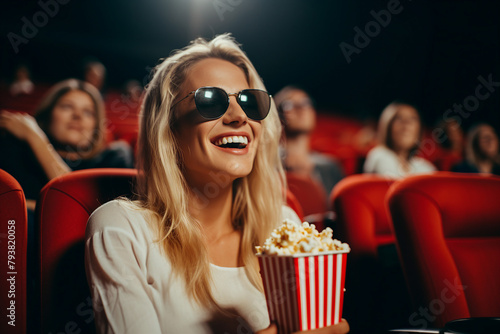 Image of cheerful young person watching 3d movie created generative AI technology