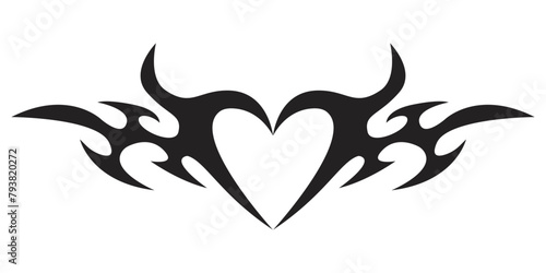 Neo tribal heart y2k aesthetic tattoo gothic cover, fire or wings abstract silhouette isolated on background. Divider, border, cyber body ornament, neotribal web goth decoration