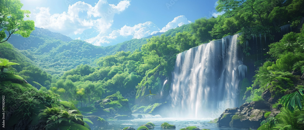 A stunning landscape showcasing eco-friendly products, featuring a majestic waterfall surrounded by vibrant green vegetation and a clear blue sky.