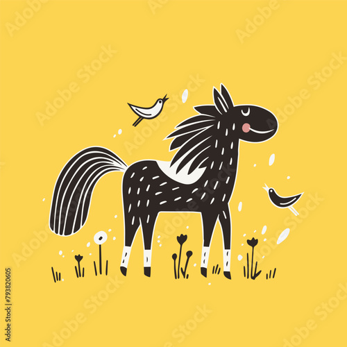 Funny cartoon horse frolicking in the meadow, vector illustration