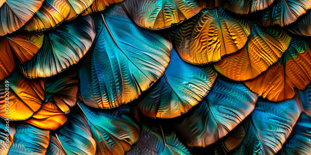 Close-up of iridescent butterfly wings in rich detail - obrazy, fototapety, plakaty 