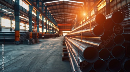 High quality steel pipe or aluminum in stack waiting for shipment in warehouse, Steel industry. copy space for text. photo