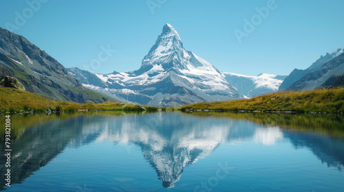 A stunning image of a snow-capped mountain peak reflected in a crystal-clear lake in a pristine wilderness setting.