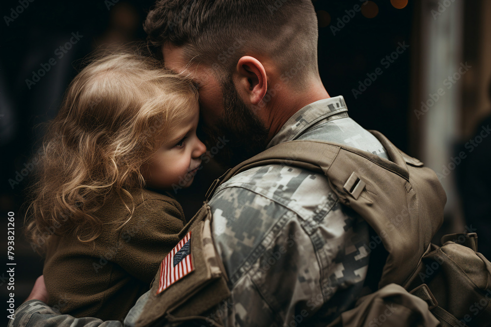 AI generated image of happy soldier spending time with family hugging child AI generated image of happy soldier spending time with family hugging child