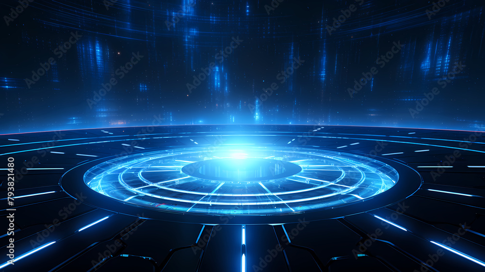 Blue futuristic background with glowing rings and circular frame