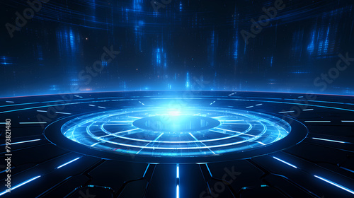 Blue futuristic background with glowing rings and circular frame