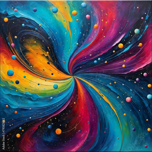 Abstract square background. An illustration forming a multi-colored spiral strewn with many dots, reminiscent of a universe with planets. photo