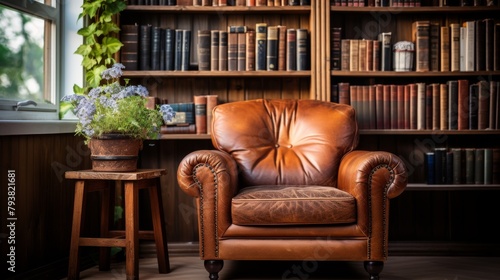 Brown leather chair next to a full bookshelf © Muhammad