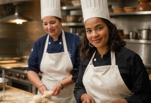 Two chefs rolling dough together in a busy kitchen. Teamwork in a culinary environment.