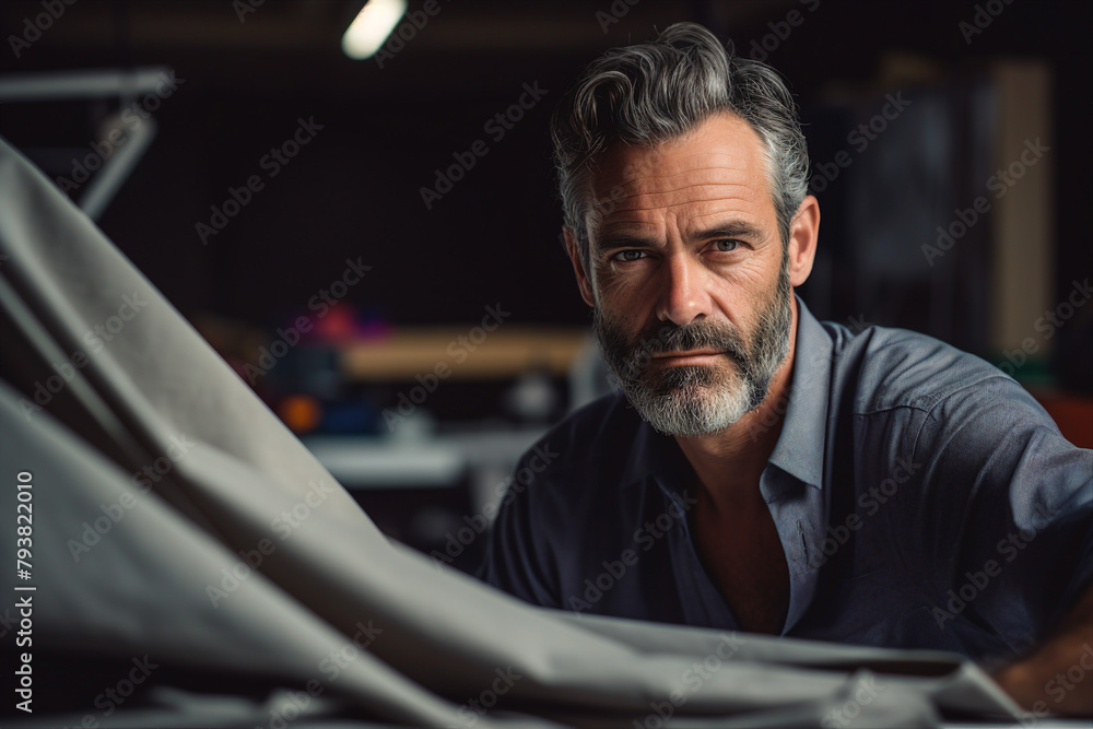 Generative AI young business owner standing on clothing store fabric clothing production boutique Generative AI young business owner standing on clothing store fabric clothing production boutique