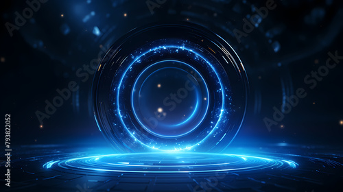 Blue futuristic background with glowing rings and circular frame