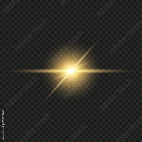 Vector gold bling light on a transparent background. Bright flash.