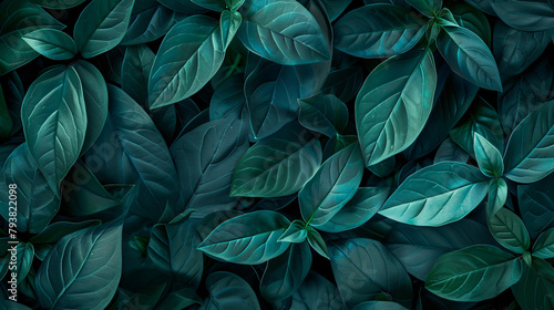 Closeup of top view of green leaves in dark tones 