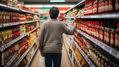 A man walks through a grocery store aisle, examining shelves and products as he navigates through the colorful array photo