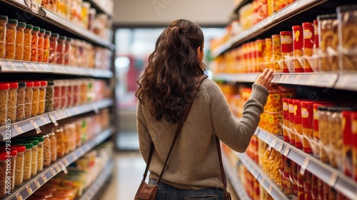 A woman is carefully inspecting various canned food items on a shelf in a grocery store photo