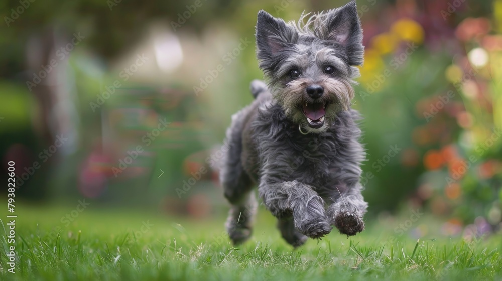 A small gray dog frolics joyfully in the yard in Yorkshire A small gray dog frolics joyfully in the yard in Yorkshire