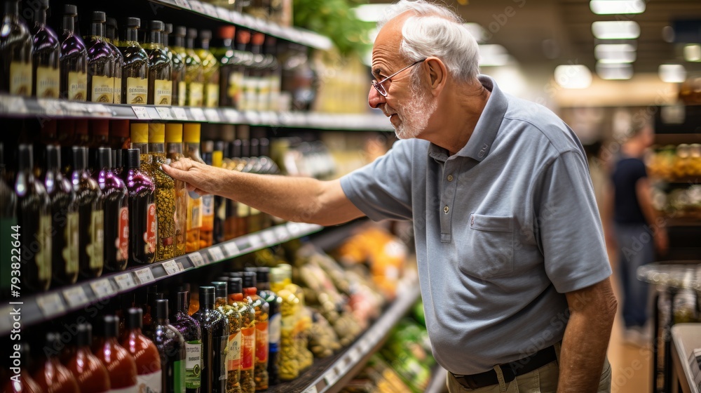 An elderly man examines a grocery store display with focus and interest