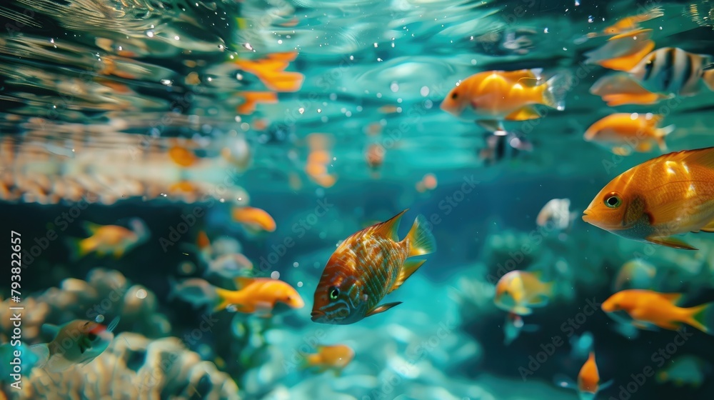 Naklejka premium Swimming fish, Color flowers fish sea swimming and the fish are visible inside the water