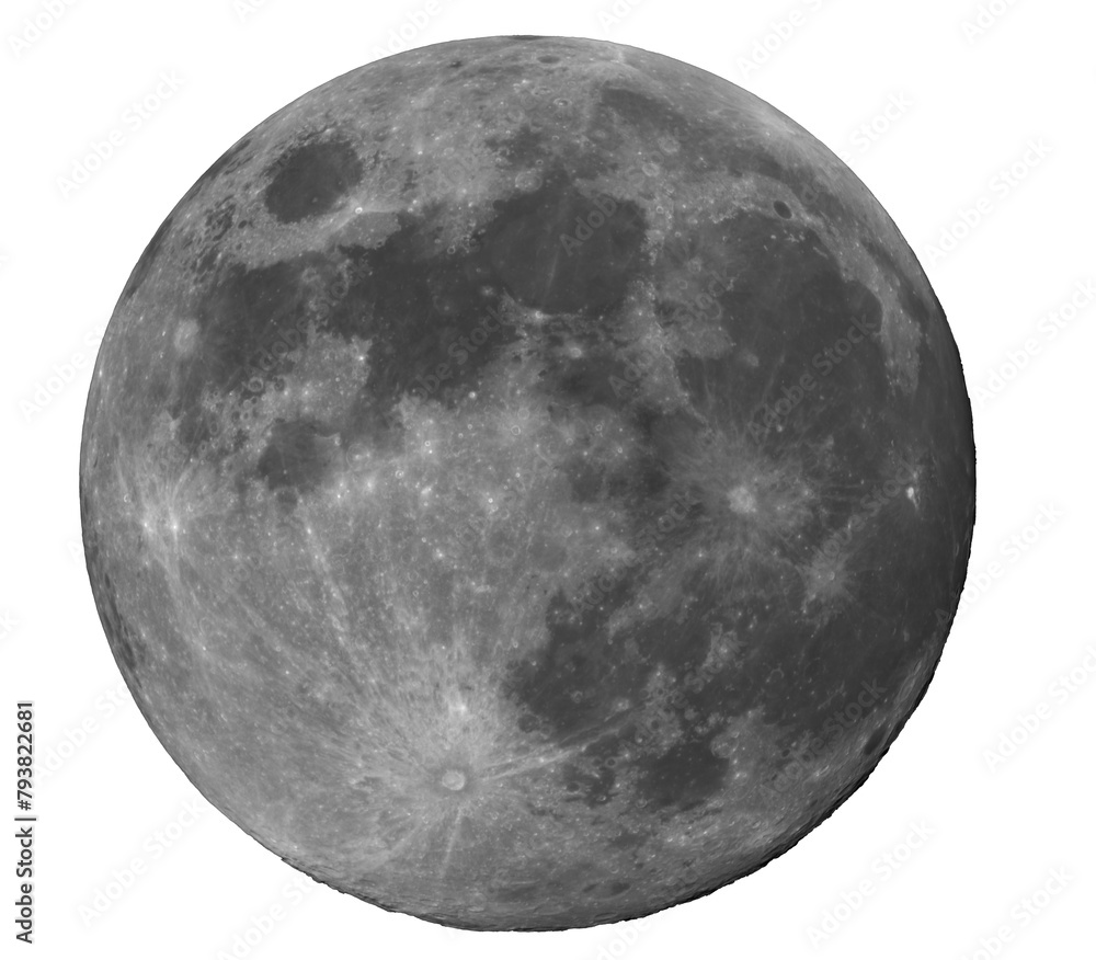 Photograph of the full moon in which you can see the craters and asteroid impacts. The photo was taken with a telescope and a camera reflex.Transparent background