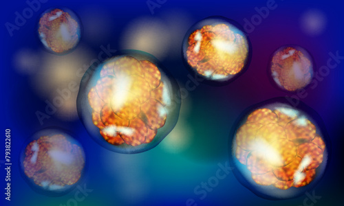 Cell stem science banner isolated on blue background. Vector medical microscopic molecular conception.  Immunotherapy