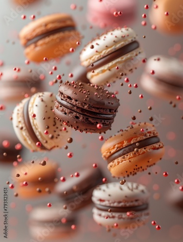 Asorted delicious macarons flying in the air, Various colorful macarons floating in the air, Small french cakes, Macaroons in motion falling, food background, AI generated photo