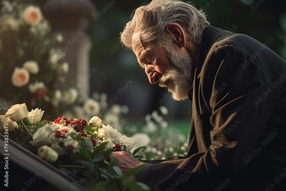 Relatives making Funeral ceremony Scene with coffin in church mourning generative AI