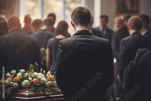 Relatives making Funeral ceremony Scene with coffin in church mourning generative AI