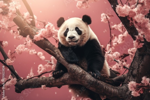 A big panda bear sitting on a sakura tree branch with pink flowers isolated on pink background.