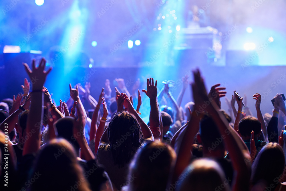 custom made wallpaper toronto digitalConcertgoers raise hands in rhythm at outdoor music festival, colorful stage lights illuminate excited audience. Fans enjoy live performance, nightlife energy, summer event brings people together.