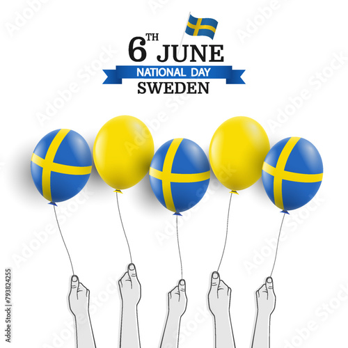 Sweden National Day. Hands with balloons. Vector Illustration.

