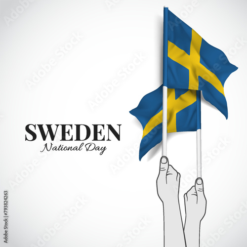 Sweden National Day. Hands with flags. Vector Illustration.

