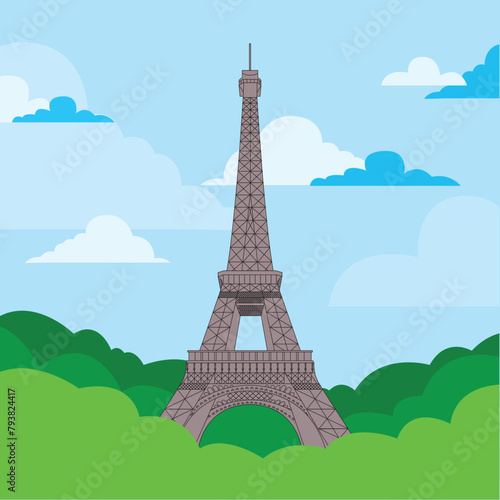 Vector illustration background with Eiffel Tower in Paris. World famous France tourist attraction symbol. International landmarks design postcard or travel poster