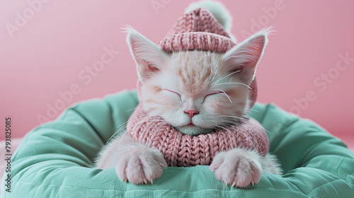 kitten sleeping wearing a pink knitted shirt and hat photo