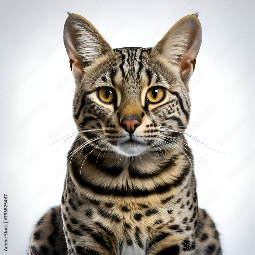 Close up portrait of a bengal cat on a white background