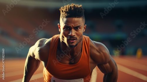 A man in an orange tank top races down a track with determination © Muhammad