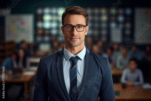 Generative AI photo of confident handsome professional man teacher in classroom