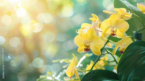 Closeup of yellow orchid flower and green leaf 