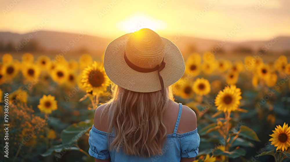 Woman with a hat in a field of sunflowers against the sunset