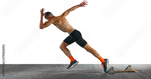 Dynamic movement. Athletic attractive man, professional jogger, runner, running fast in motion against transparent background. Concept of sport, active lifestyle, action. Ad. Copy space for text.