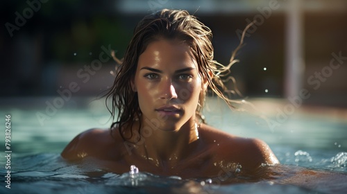 A woman in a swimming pool gazes directly at the camera