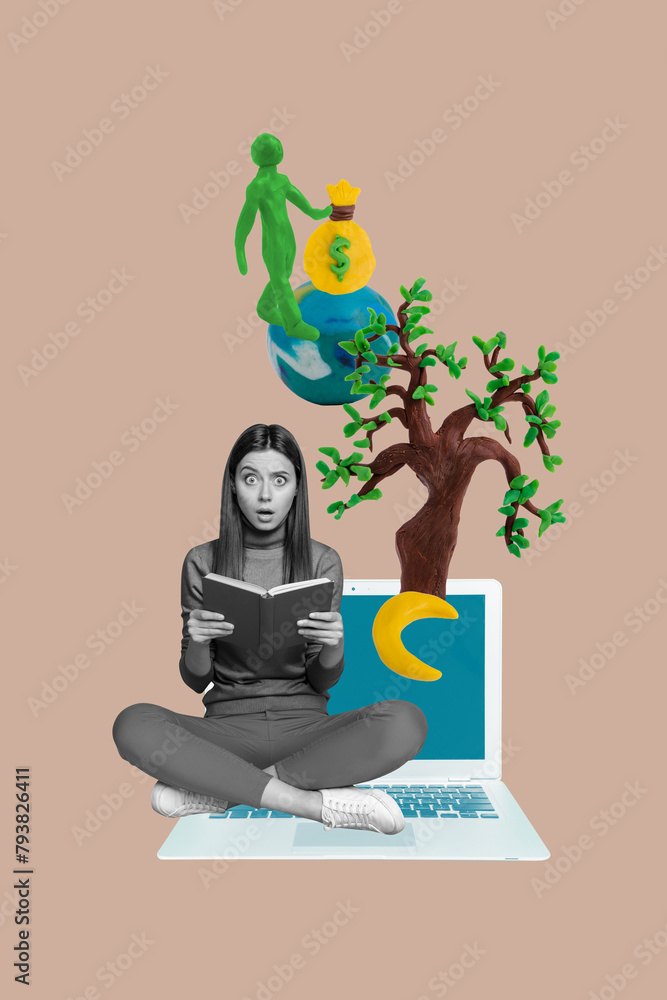 Obraz premium Vertical photo collage of astonished girl sit macbook device hold book imagination fairy tale personage isolated on painted background