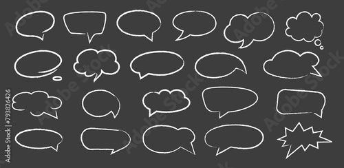 Empty black hand drawn grunge charcoal, chalk speech bubbles in doodle style isolated on black background. Balloon vector outline illustration for meme, poster, tag, banner, hashtag, dialogue