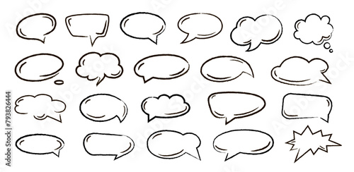 Empty black hand drawn grunge charcoal, chalk speech bubbles in doodle style isolated on white background. Balloon vector outline illustration for meme, poster, tag, banner, hashtag, dialogue