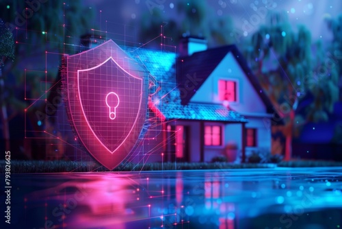 Cutting-edge home defense emblem  holographic fortress and key