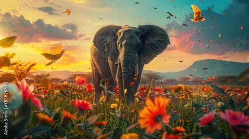 Elephant images, spring background, An elephant is standing on a natural background with lush green grass and colorful flowers