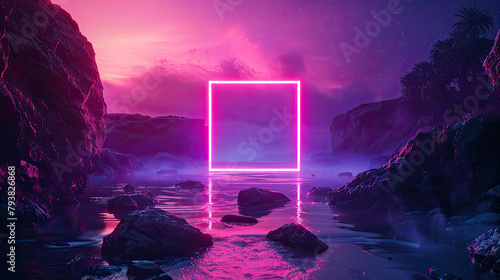 3d rendered illustration of a render of a neon square on the river  